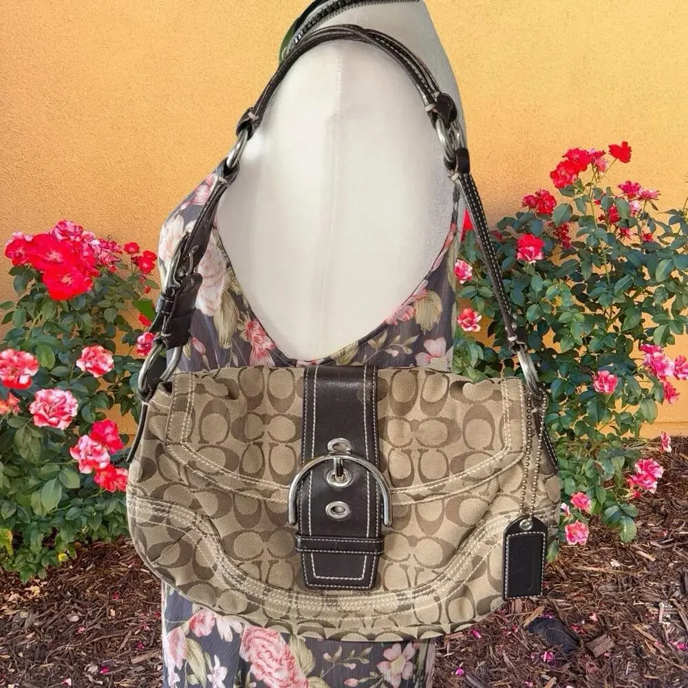 Coach Brown Signature soho Canvas Leather Trim Shoulder Bag Silver Hardware